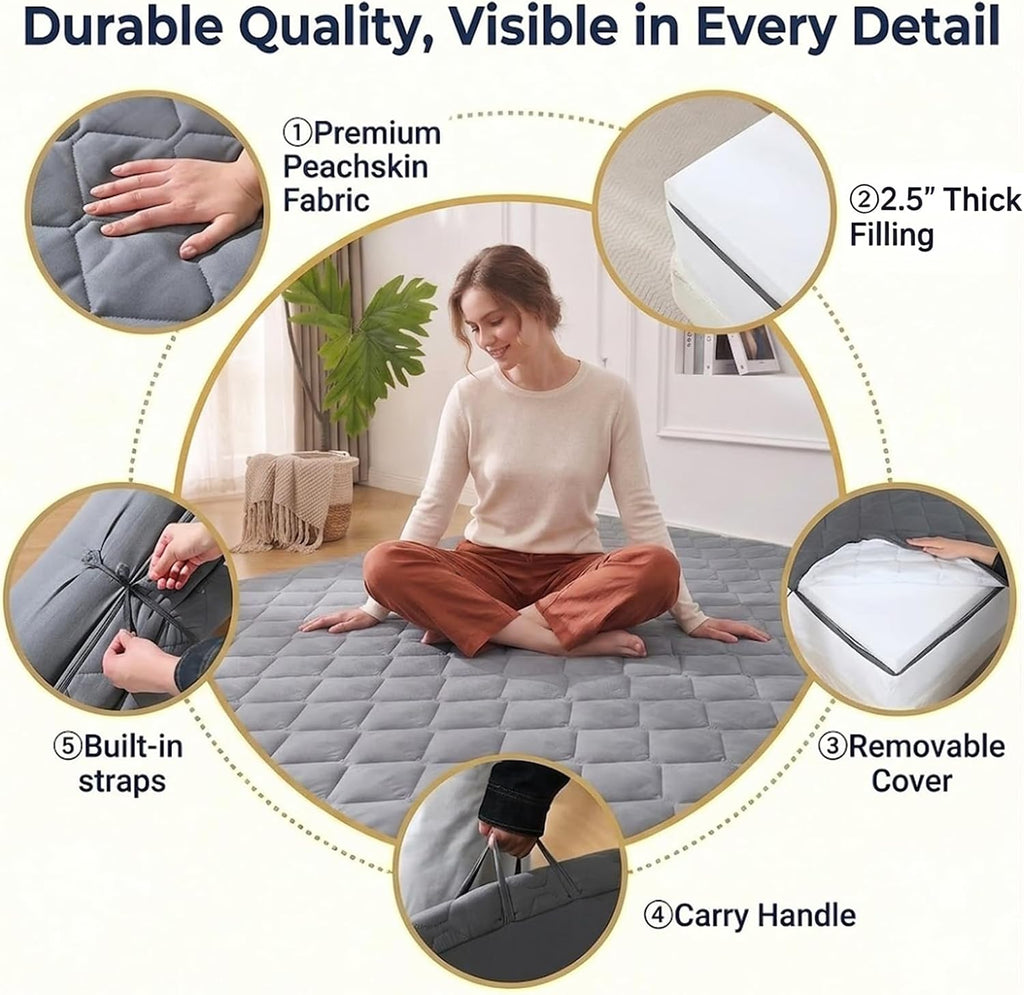 DOWNSTORIA Japanese Floor Mattress, Futon Mattress Roll Up Tatami Mat with Handle, Foldable Floor Bed Sleeping Pad for Camping, Full Size, Grey(54x75)