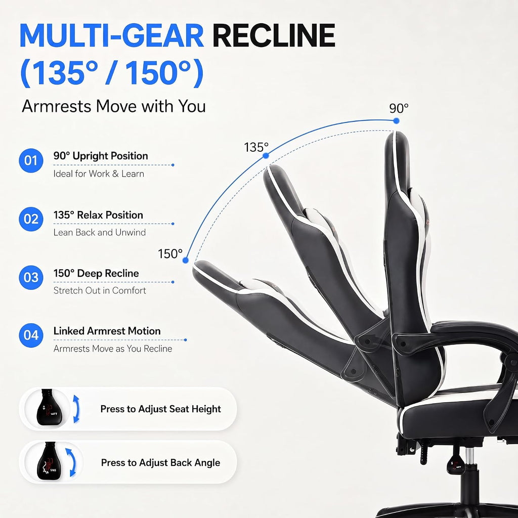 Desk Computer Gaming Chair - High Back Ergonomic Office Chair with Footrest and Lumbar Support, Swivel Comfy Home Gamer Video Game Chairs with Pocket Spring Cushion for Adults (White Leather)