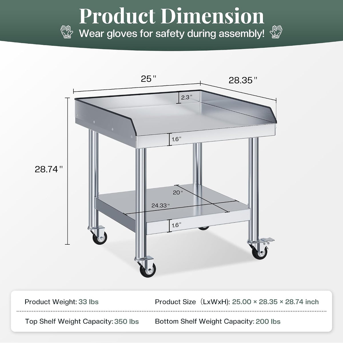 Jocisland 25"x28" Stainless Steel Equipment Stand & Equipment Grill Stand Table, NSF Certified with Adjustable Undershelf, Wheels and Edge Baffle for Commercial Kitchen, Restaurant & Home