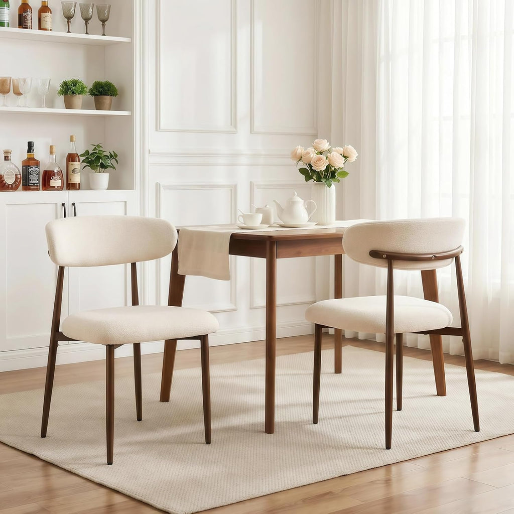 Furniliving Mid Century Modern Dining Chairs Set of 2, 300 lbs Capacity Upholstered Chenille Kitchen Chairs with Walnut Grain Metal Legs and Ergonomic Curved Back, Beige(Walnut/Chenille)