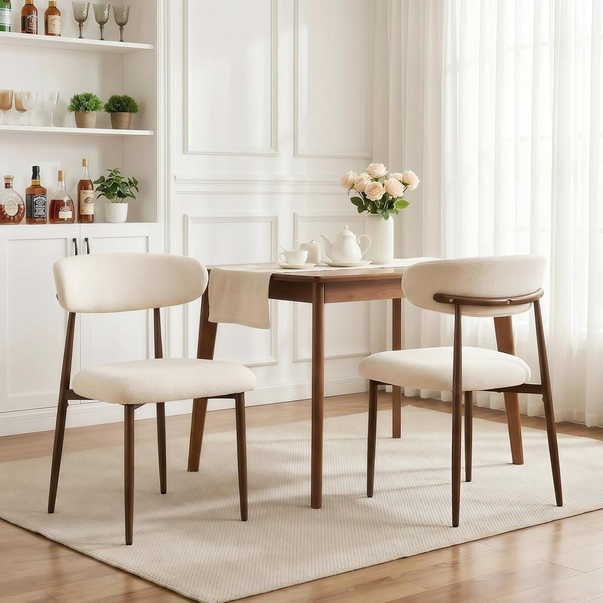 Furniliving Mid Century Modern Dining Chairs Set of 2, 300 lbs Capacity Upholstered Chenille Kitchen Chairs with Walnut Grain Metal Legs and Ergonomic Curved Back, Beige(Walnut/Chenille)