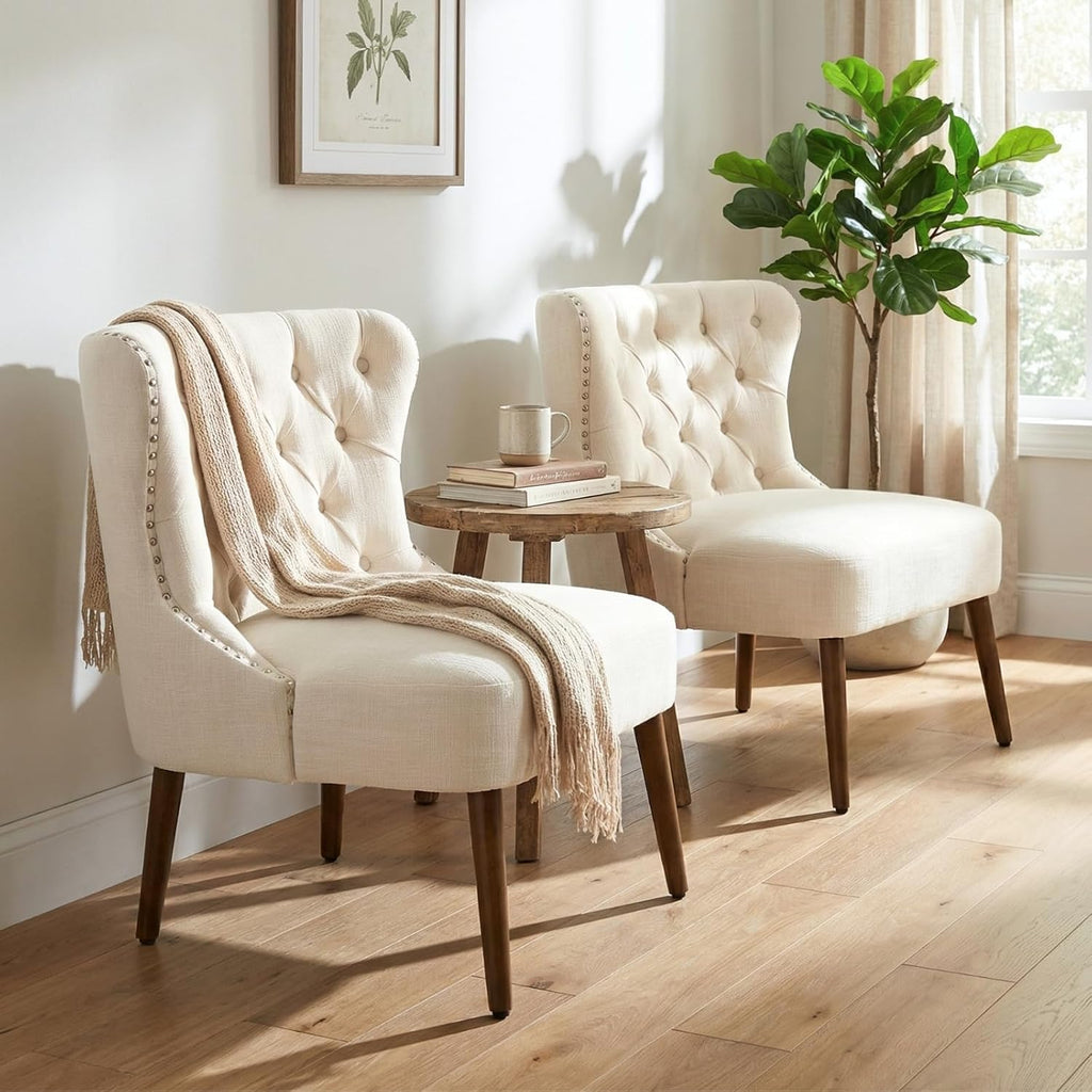 chairus Tufted Slipper Accent Chairs Set of 2, Linen Upholstered Armless Living Room Chairs with Nailhead Trim, Mid-Century Modern Wingback Side Chairs for Bedroom Office Reception, Cream White