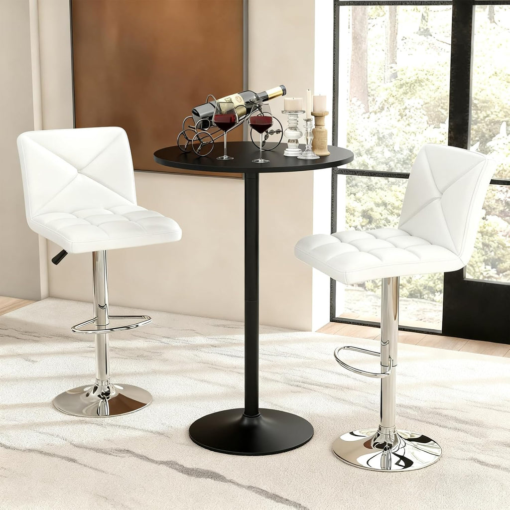 COSTWAY 3 Pieces Bar Table Set, Round Cocktail Table and PU Leather Adjustable Swivel Chairs, Modern Counter Height Furniture Set with 2 Bar Stools for Small Space, Kitchen, Office (White+Black)