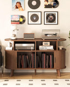 Record Player Stand, Midcentury Modern Furniture Turntable Stand with Sliding Doors, Audio-Video Shelving Cabinet, Fluted Media Stand and TV Stand for Living Room, Bedroom (Walnut) (Large)