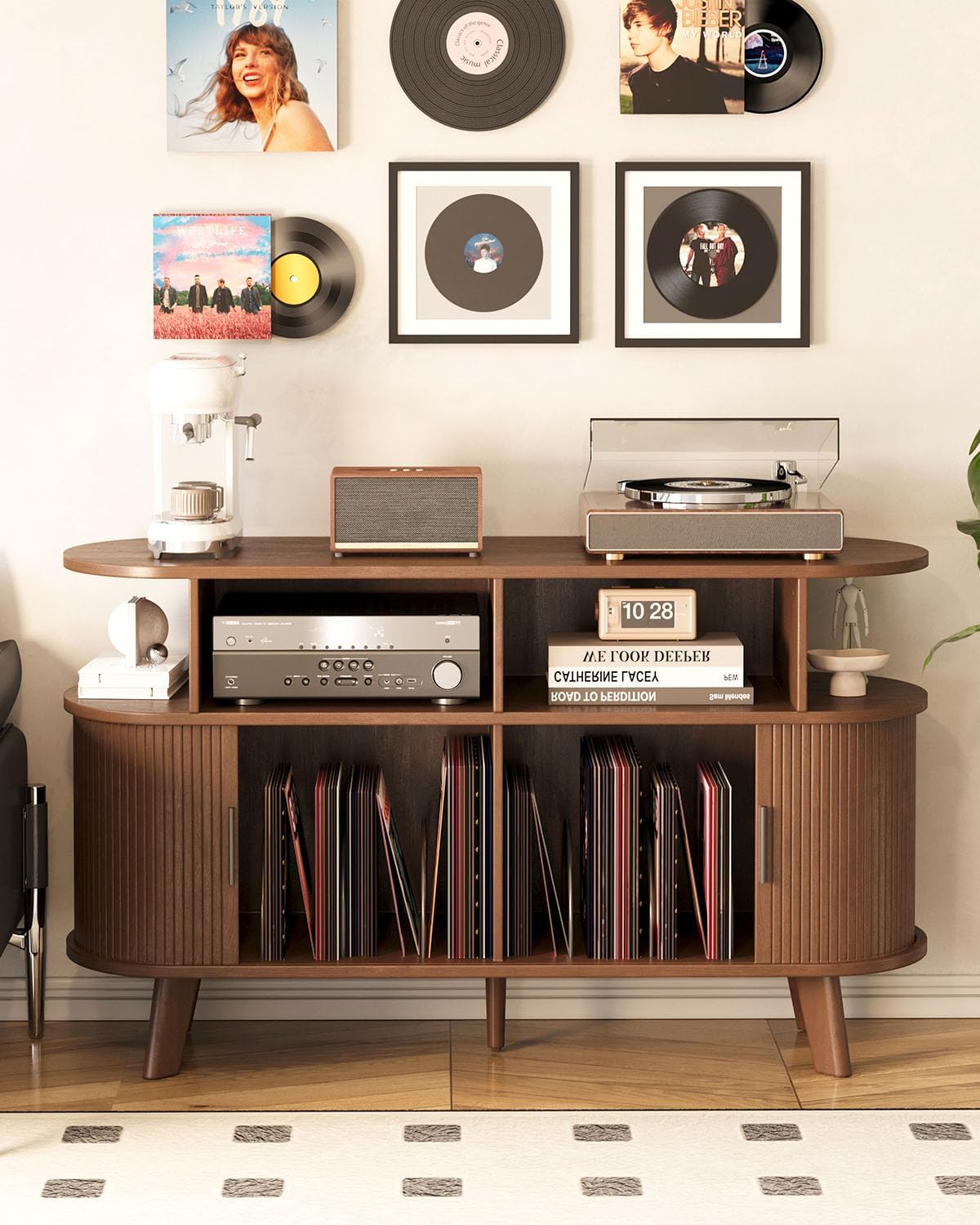 Record Player Stand, Midcentury Modern Furniture Turntable Stand with Sliding Doors, Audio-Video Shelving Cabinet, Fluted Media Stand and TV Stand for Living Room, Bedroom (Walnut) (Large)