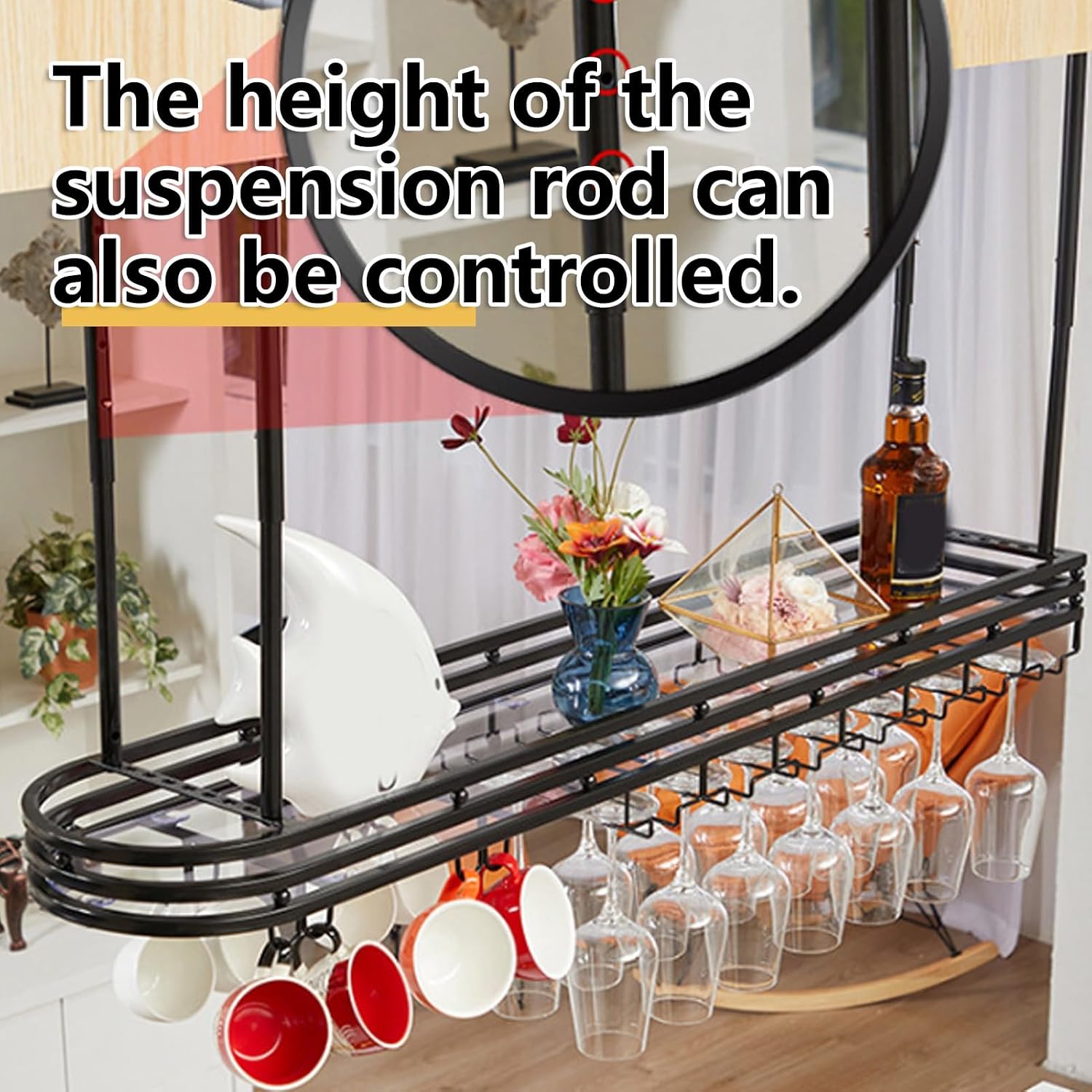 Adjustable Hanging Wine Rack, Metal Ceiling Shelf Cafe Cups, Retro Rustic for Kitchen Bar Restaurant Cellar