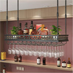 Ceiling Wine Rack-Hanging Stemware Holderfor Bar,23.6"x11.8"-Black | Adjustable Height 12"-24”,Industrial Iron Hanging Kitchen Wine Bottle Organizer Shelf,Space-Saving