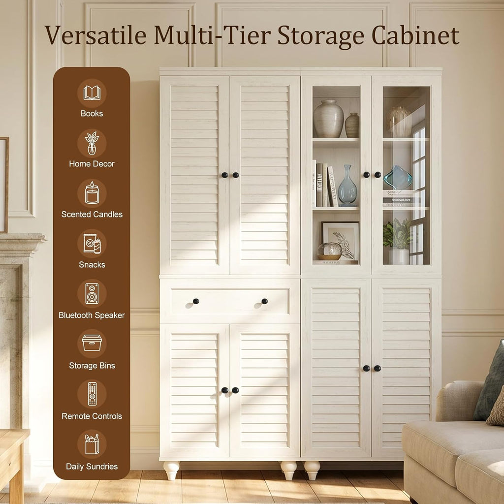 80" Kitchen Pantry Cabinet Set of 2, Farmhouse Storage Cabinets with Glass & Louvered Doors, Adjustable Shelves for Dining Room, Living Room, Home Office, Rustic White