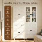 80" Kitchen Pantry Cabinet Set of 2, Farmhouse Storage Cabinets with Glass & Louvered Doors, Adjustable Shelves for Dining Room, Living Room, Home Office, Rustic White