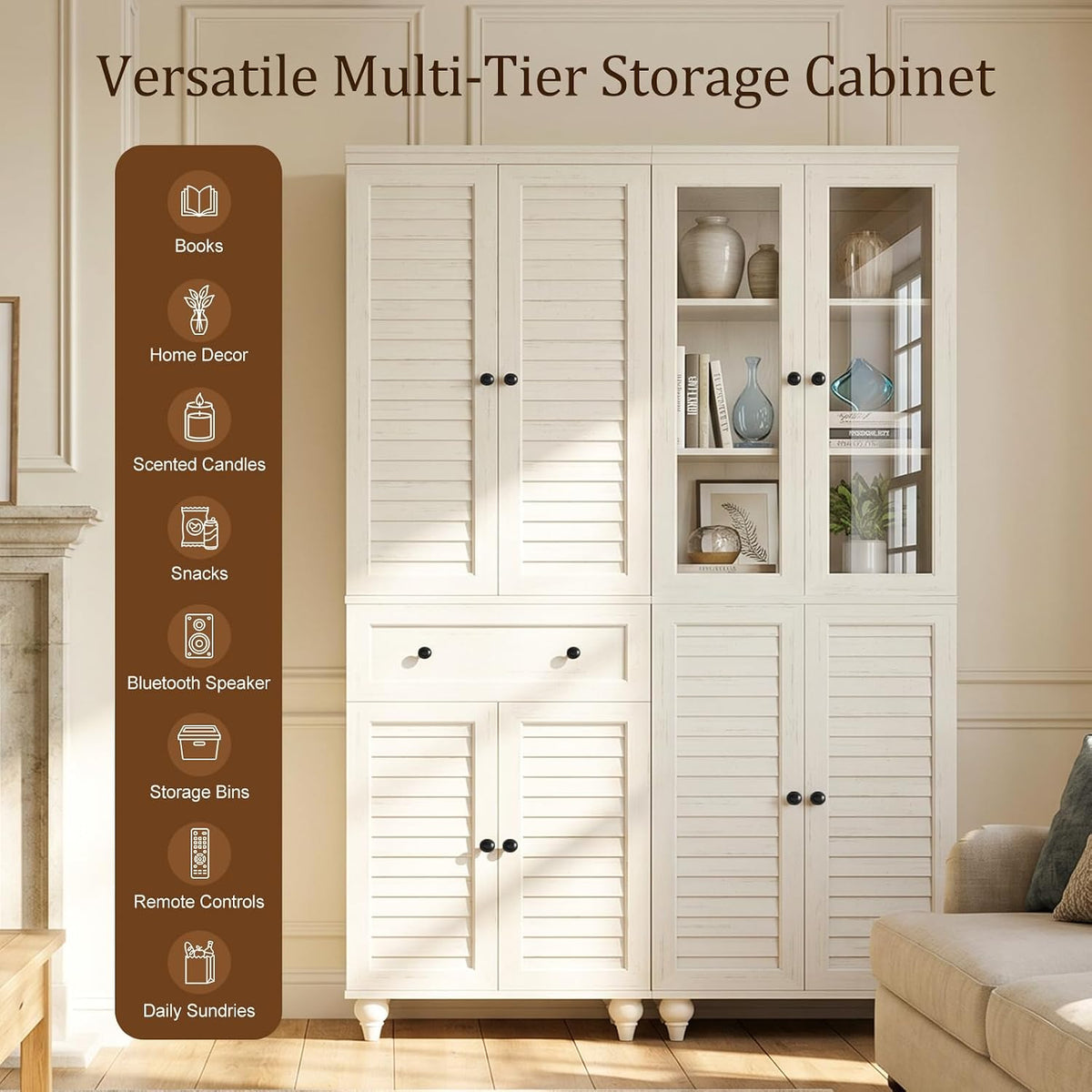80" Kitchen Pantry Cabinet Set of 2, Farmhouse Storage Cabinets with Glass & Louvered Doors, Adjustable Shelves for Dining Room, Living Room, Home Office, Rustic White