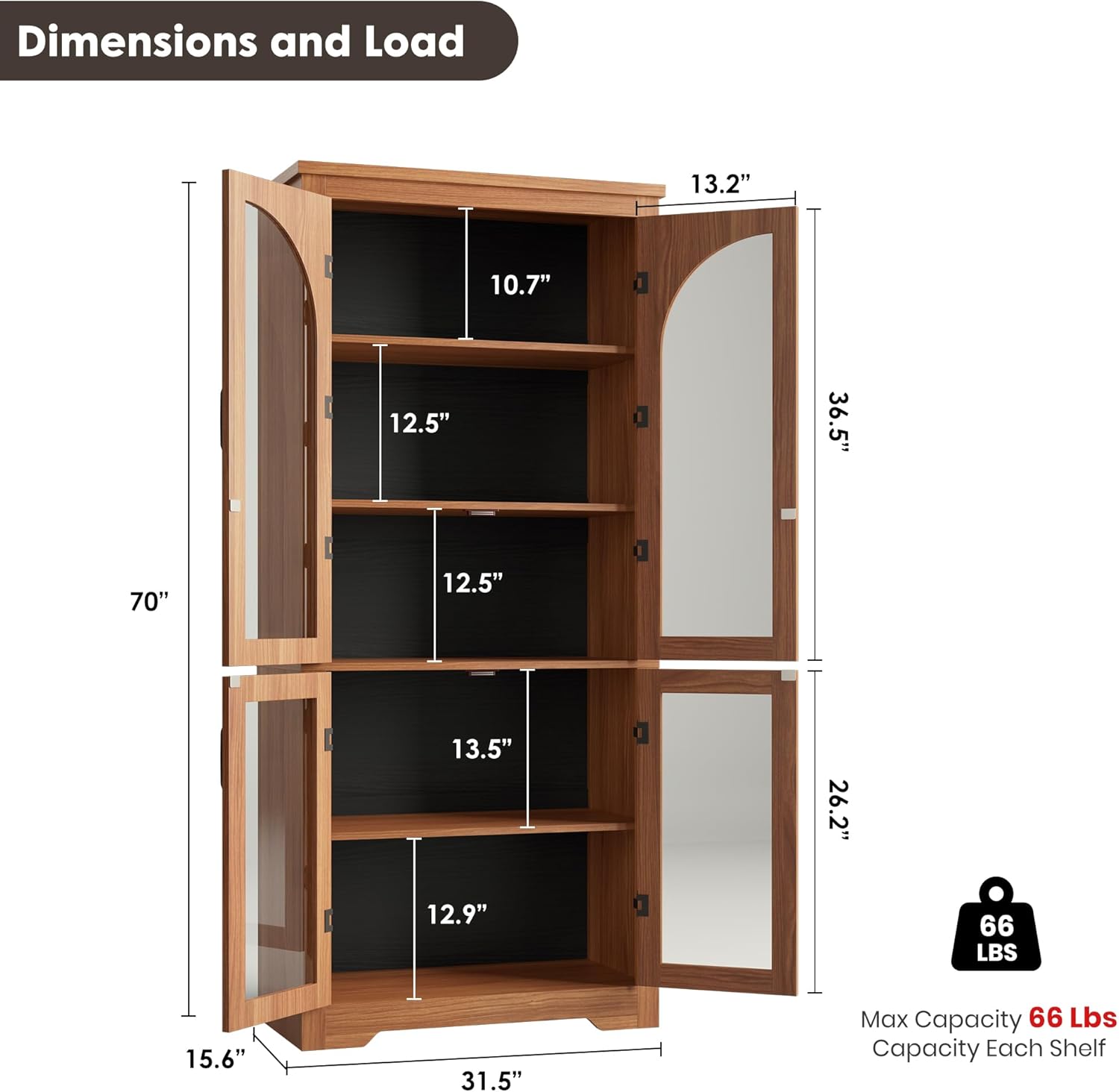70" Kitchen Pantry Storage Cabinet - Modern Display Pantry Storage with 4 Arched Glass Doors and Adjustable Shelves, Versatile Cupboard Organizers for Kitchen, Dining Room, Living Room, Maple