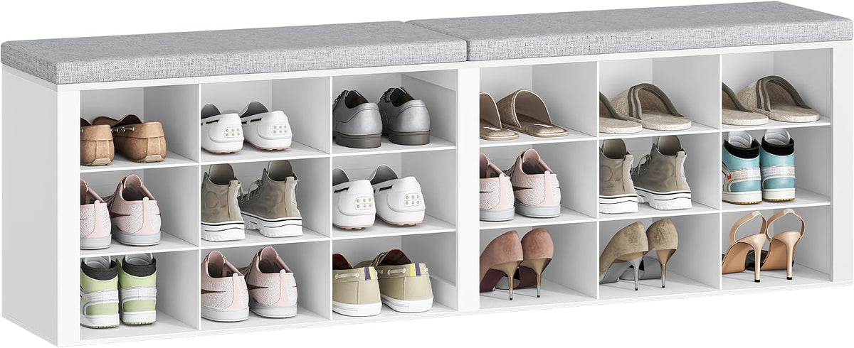 Hzuaneri Shoe Storage Bench with Cushion, Entryway Storage Bench with 18 Cubbies, 9.5" Widened Organizer Cabinet, Long Cubby Rack for Living Room, Bedroom, Entryway, White SB25703GY