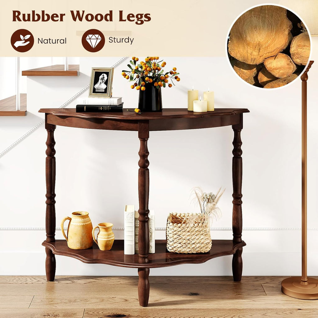 GOFLAME Half Moon Entryway Table, Retro Console Table with Storage Shelf & Solid Rubber Wood Legs, Vintage Display Accent Table, 2-Tier Curved Sofa Table for Living Room, Hallway, Entry, Walnut