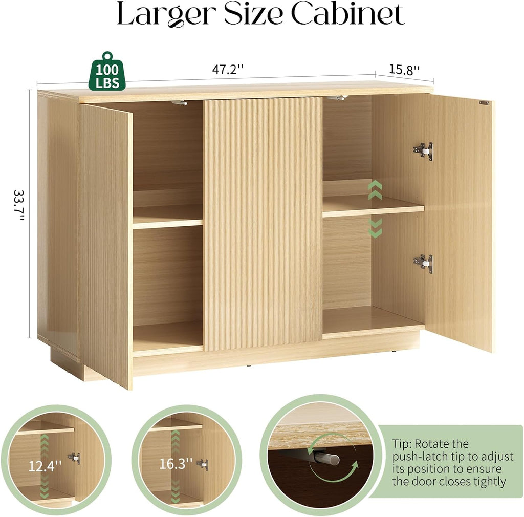 Sideboard Buffet Cabinet with Storage - 47" Fluted Coffee Bar Cabinets Credenza with Adjustable Shelves, Accent Buffets & Sideboards Console, Wood Side Board for Living Room, Kitchen, Entryway