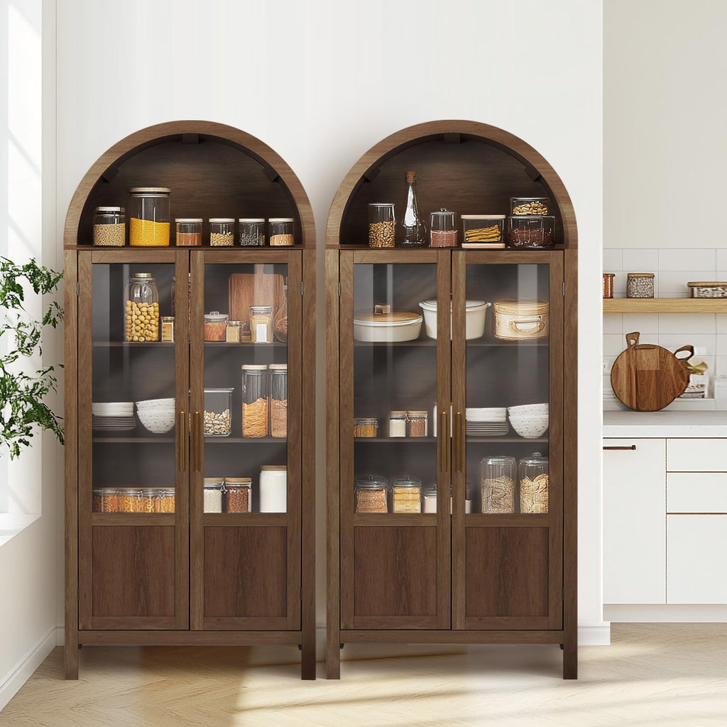 Arched Storage Cabinet with 2 Doors and 5-Tier Shelves for Living Room, 71" Tall Wooden Pantry Cabinet for Dining Room and Kitchen, Floor Bathroom Organizer, Brown