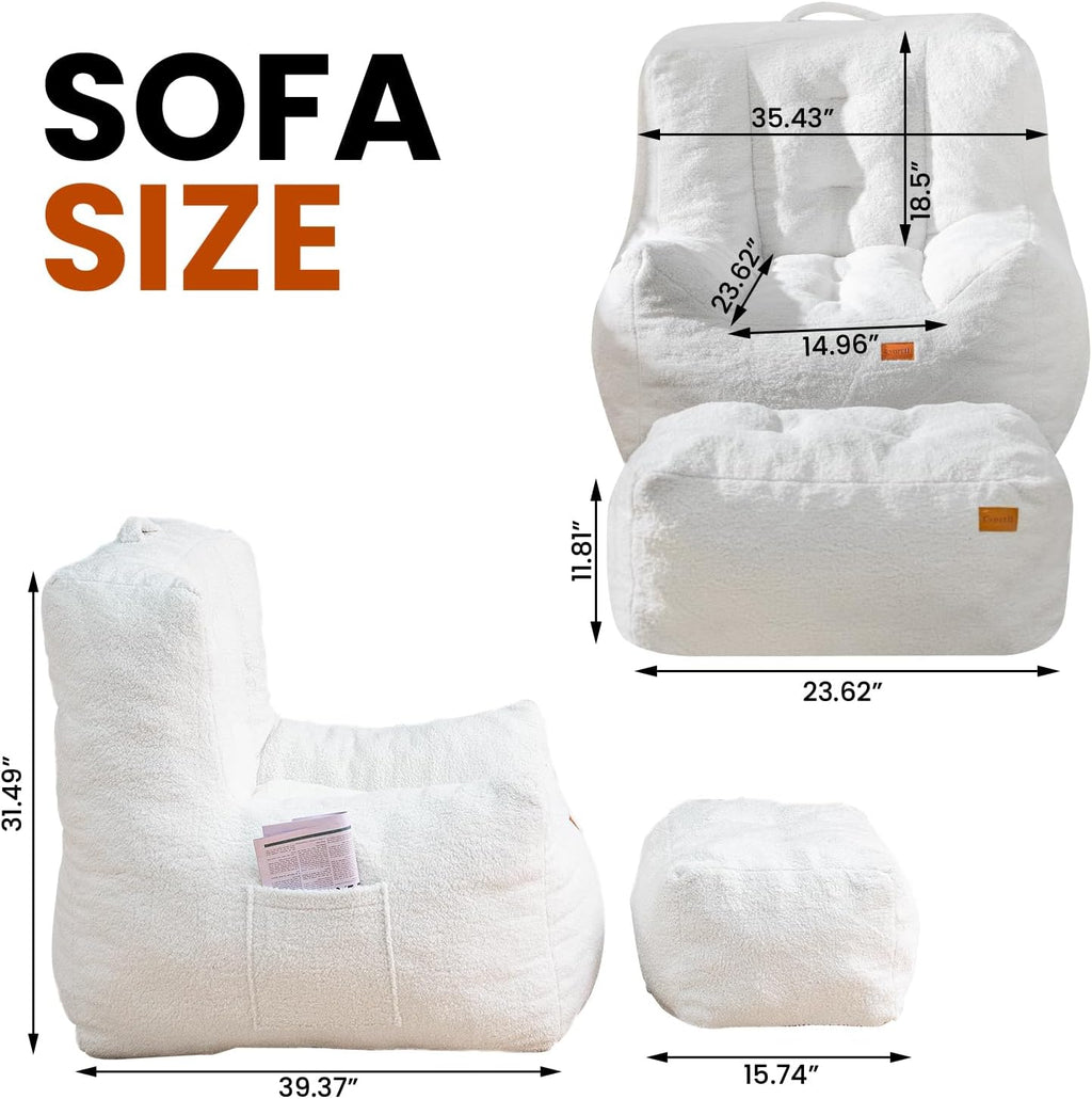Cvortll Giant Bean Bag Chair for Adults with Ottoman, High-Density Oversized Bean Bag Sofa, Cozy Lazy Comfy Floor Sofa for Bedroom, Reading Chair for Living Room, White