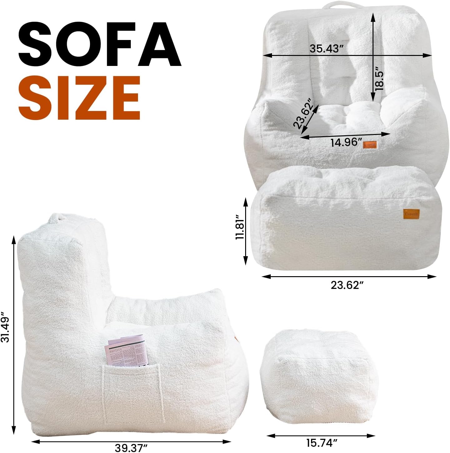 Cvortll Giant Bean Bag Chair for Adults with Ottoman, High-Density Oversized Bean Bag Sofa, Cozy Lazy Comfy Floor Sofa for Bedroom, Reading Chair for Living Room, White