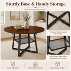 Round Extendable Dining Table, 47.2 to 59 Inch Kitchen Table for 4 to 6 People, Farmhouse Dining Room Table with Metal Mesh Storage Shelf, Walnut Wood Grain Top for Small Spaces Apartment