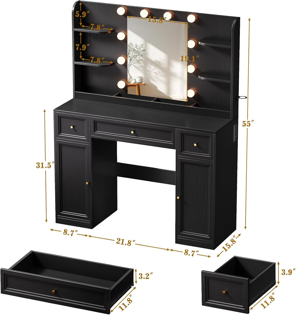 Large Makeup Vanity Desk with Mirror and Lights & Charging Station, Black | 3 Lighting Modes Adjustable Brightness, 3 Drawers, 2 Large Cabinets, 4 open shelves and Hairdryer Holder for Women Girls