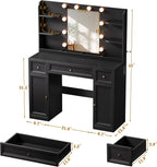 Large Makeup Vanity Desk with Mirror and Lights & Charging Station, Black | 3 Lighting Modes Adjustable Brightness, 3 Drawers, 2 Large Cabinets, 4 open shelves and Hairdryer Holder for Women Girls
