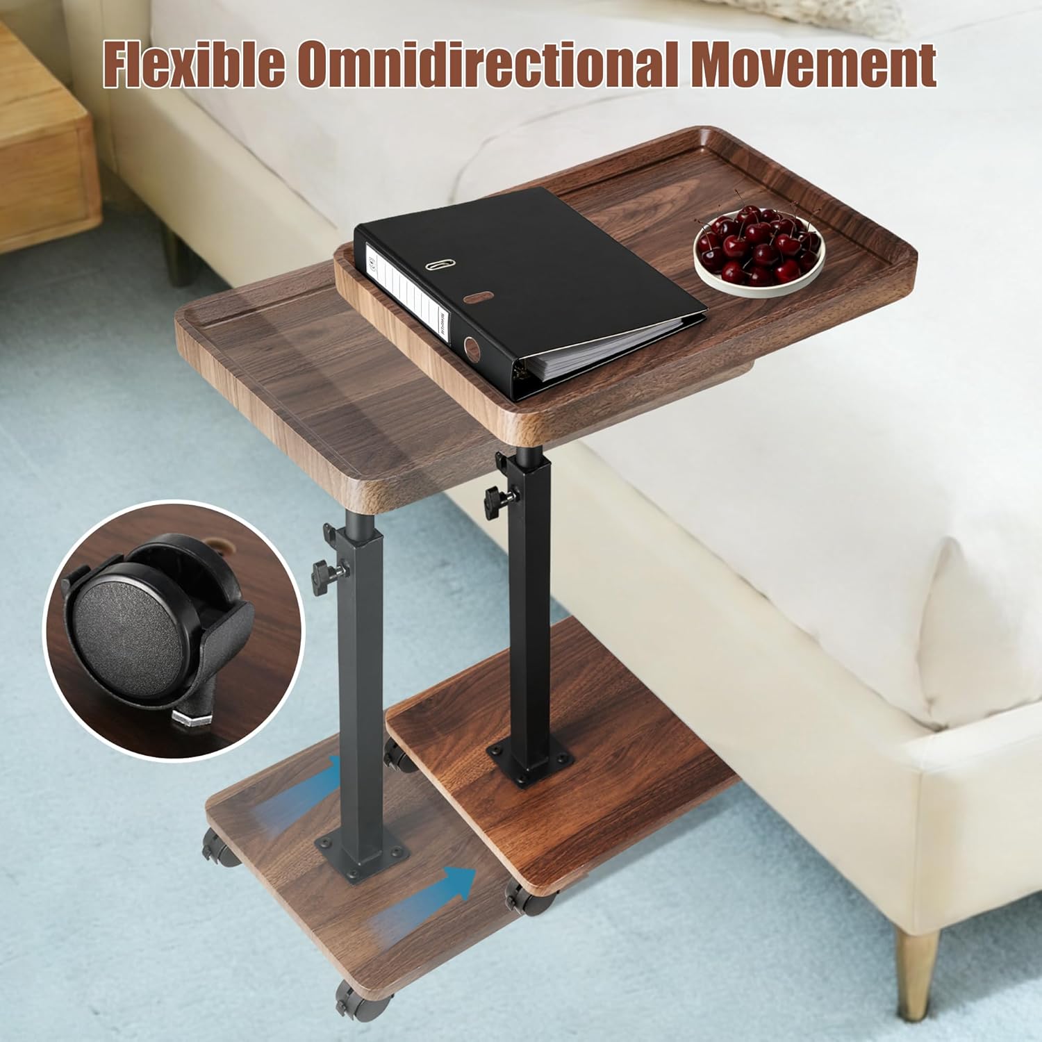C Shaped End Table for Couch, Adjustable Height C Shaped Side Table with Wheels,TV Trays Table for Sofa, Bedroom,Living Room Small Spaces Couch Table