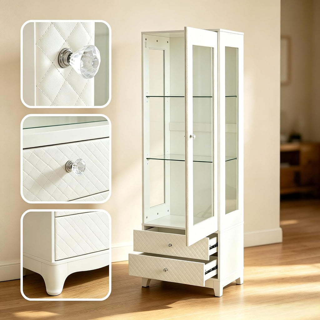 Freestanding Wine Cabinet, Upholstered Glass Door Bar Cabinet, 180° Viewing, 5-Color Ceiling Light, Adjustable Shelves, for Home or Dining Room, White