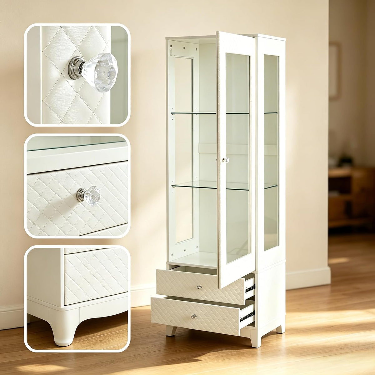Freestanding Wine Cabinet, Upholstered Glass Door Bar Cabinet, 180° Viewing, 5-Color Ceiling Light, Adjustable Shelves, for Home or Dining Room, White