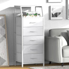 5 Drawers White Tall Fabric Dresser for Bedroom, Dorm Nightstand | Vertical Storage Tower Closet Organizer, Skinny Narrow Bedside Table for Entryway, Steel Frame, Wooden Top