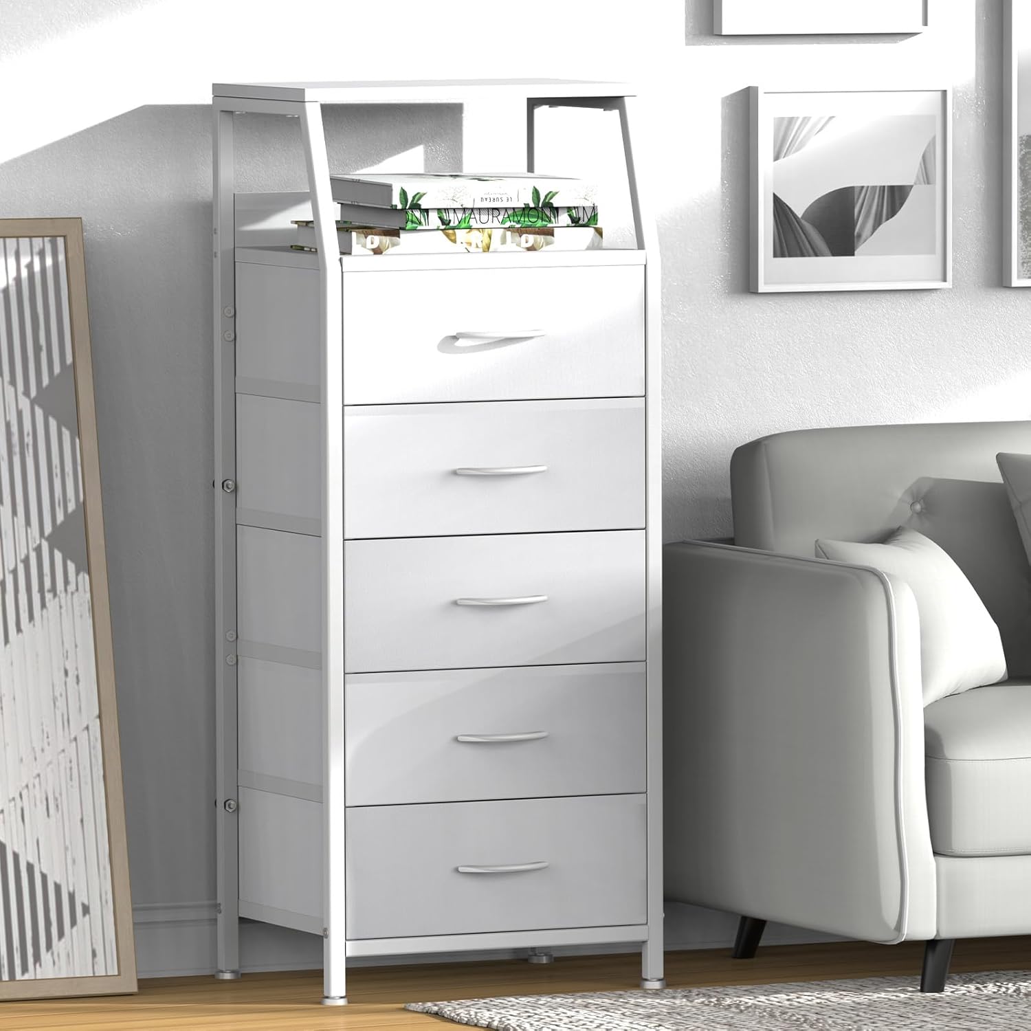 5 Drawers White Tall Fabric Dresser for Bedroom, Dorm Nightstand | Vertical Storage Tower Closet Organizer, Skinny Narrow Bedside Table for Entryway, Steel Frame, Wooden Top