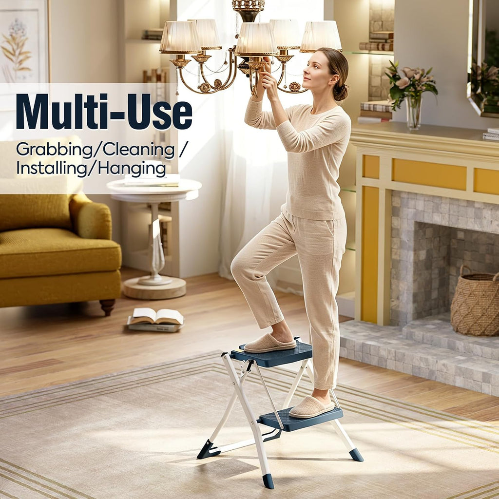 URACKIFY 2 Step Stool Ladder, Folding Step Ladders for Home, 330lb Cap,Blue | Non-Slip Feet, Release Button for Safety, Lightweight Foldable Step Stool for Kitchen & Farage Use. Easy to Carry & Store