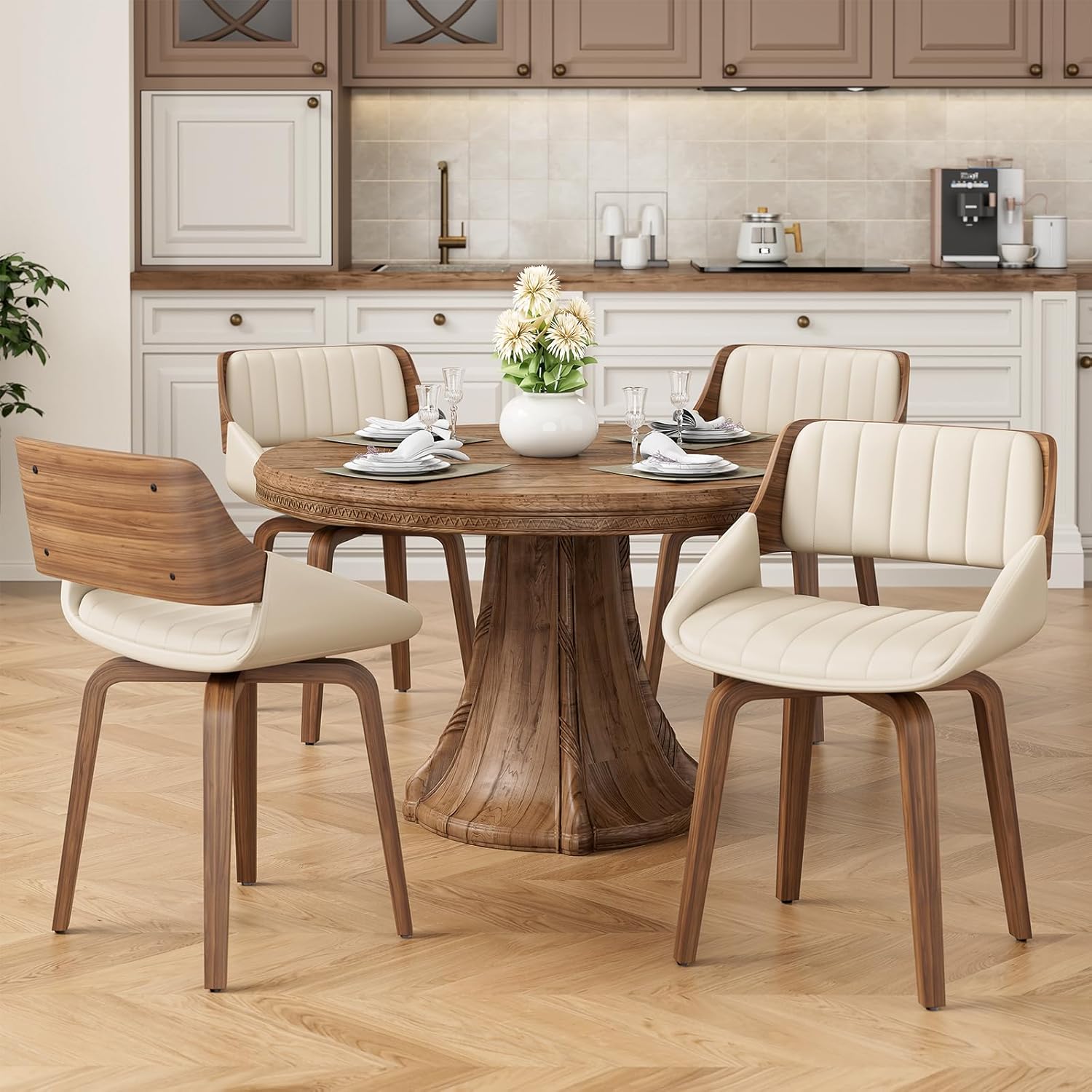 REONEY 360° Swivel Dining Chairs Set of 8, Mid Century Modern Kitchen Chair with Walnut Bentwood Back and Legs, Upholstered PU Leather for Dining Room, Kitchen, Restaurant, Cafe, Beige
