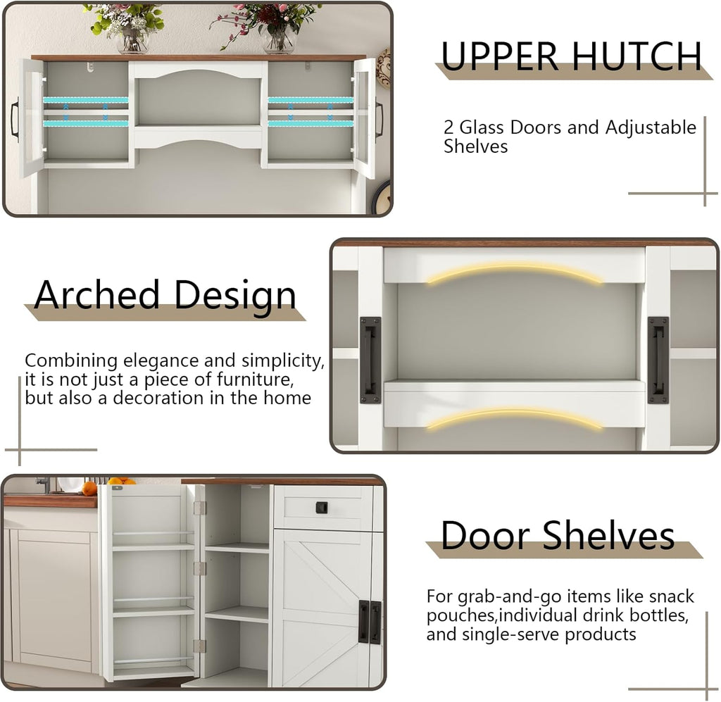 Gyfimoie 60" Tall Farmhouse Kitchen Pantry Storage Cabinet,Kitchen Hutch with Microwave Stand,Freestanding Buffet Pantry Cabinet with Glass Door and Adjustable Shelves for Dining Room (White)