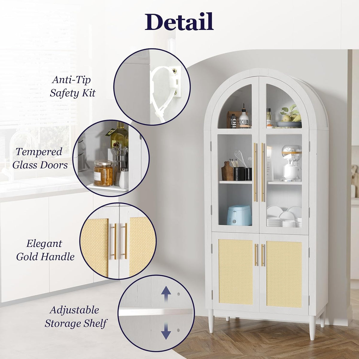 71" Tall Arched Cabinet with Glass Doors, Kitchen Pantry Storage Cabinet with Dust-Proof Rattan, 5-Tier Curio China Cabinet with Adjustable Shelves for Living Room Dining Room, White