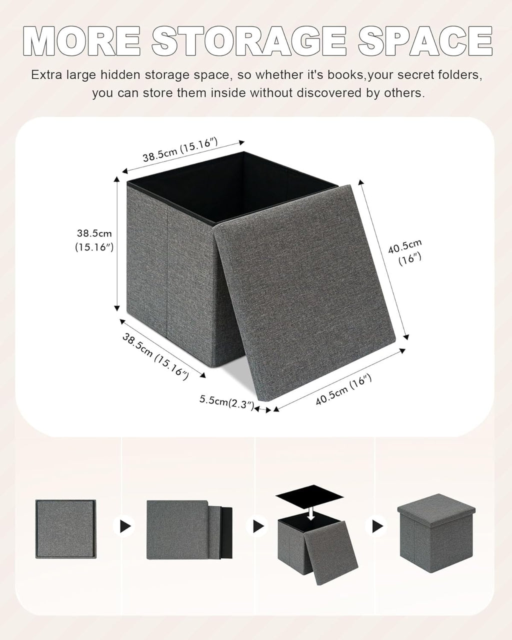B FSOBEIIALEO Storage Ottoman with Tray, Linen Small Coffee Table Folding Foot Rest Seat Cube, Dark Grey 16"X15.7"x15" Double (2 Pack)