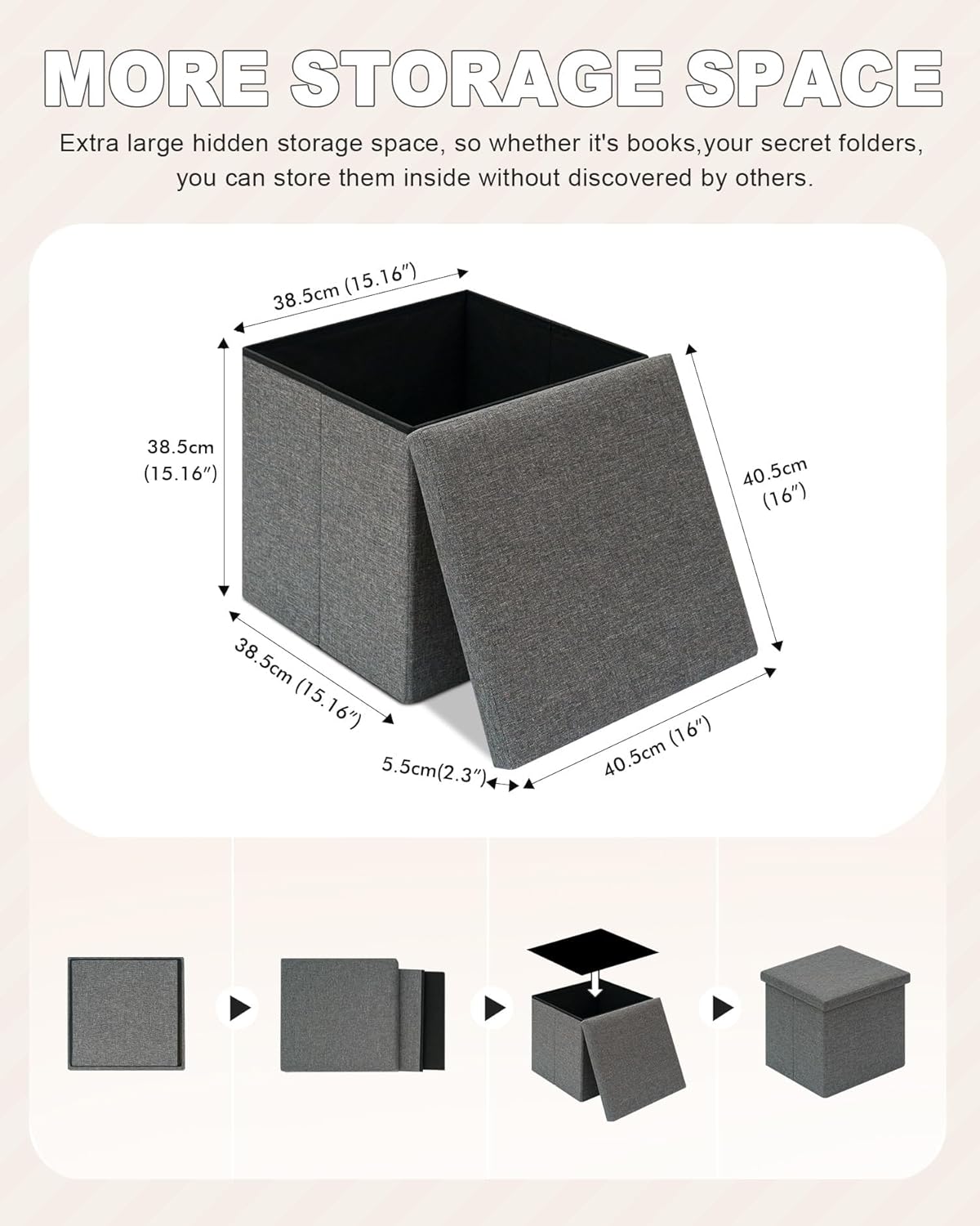 B FSOBEIIALEO Storage Ottoman with Tray, Linen Small Coffee Table Folding Foot Rest Seat Cube, Dark Grey 16"X15.7"x15" Double (2 Pack)