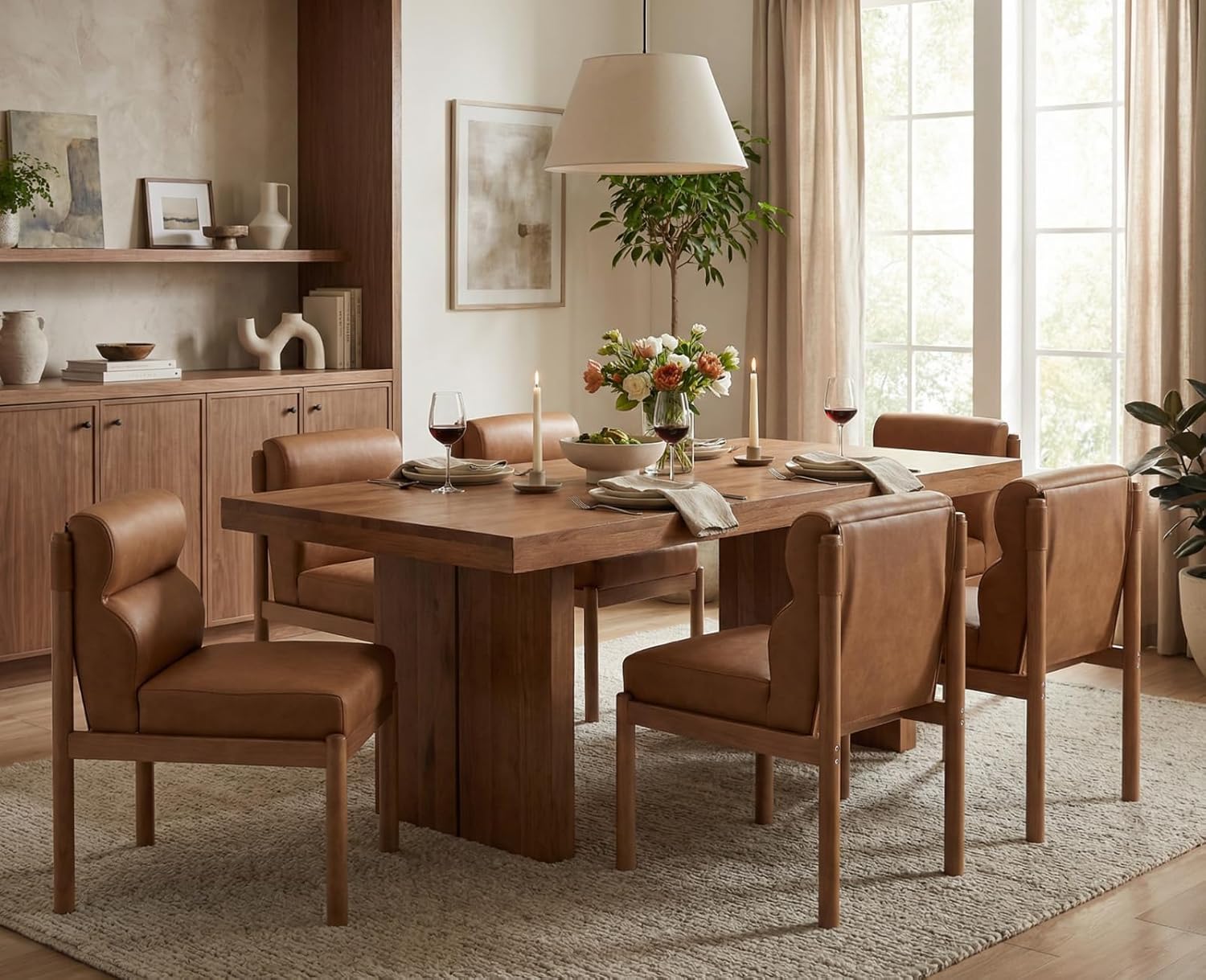 CIMOTA Modern Upholstered Dining Chairs Set of 4, Faux Leather Kitchen & Dining Room Chairs Boucle Armless Side Chairs with Curved Backrest/Solid Wood Legs, PU Brown