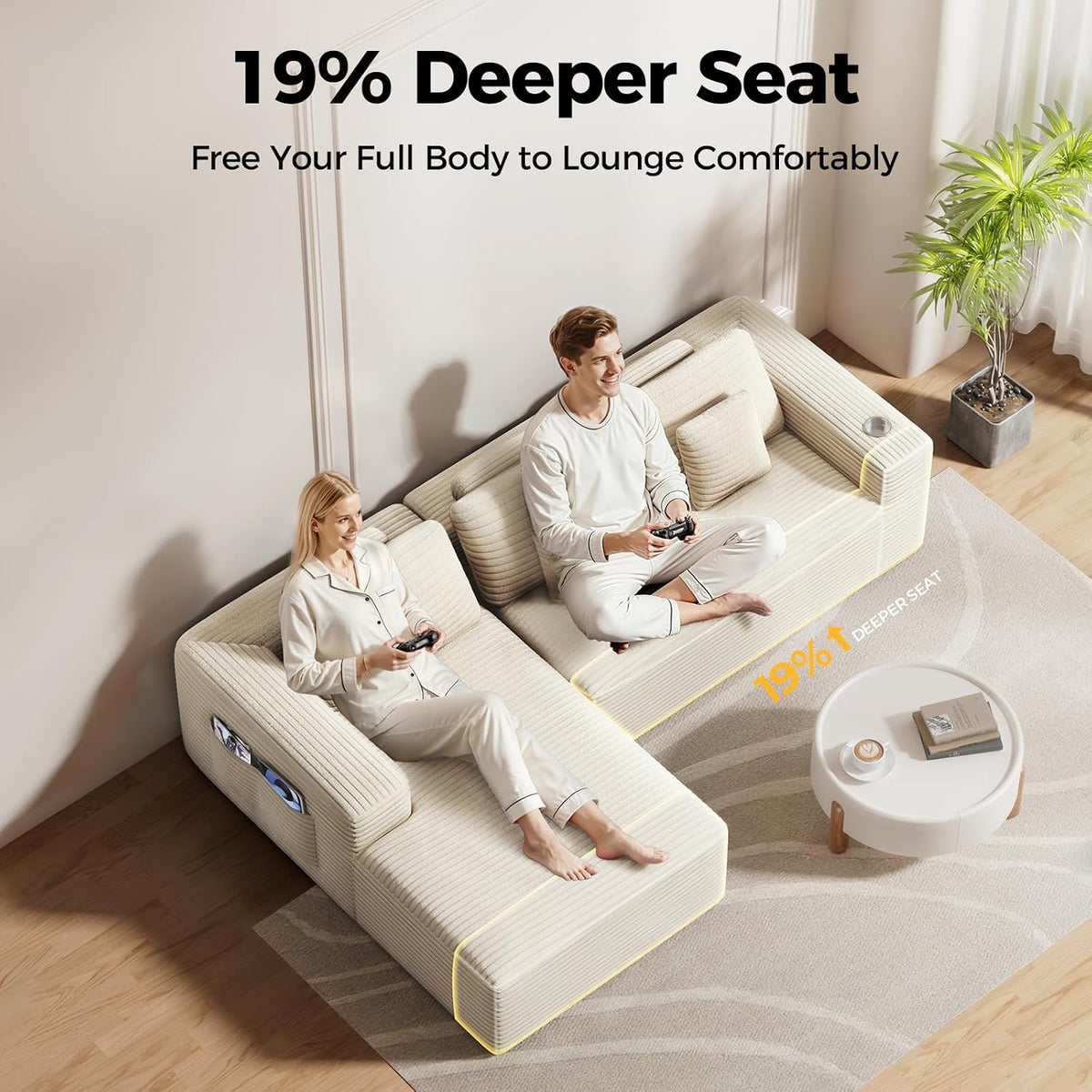 CAMMOO 108" L-Shaped Sectional Sofa, Cloud Couch in One Box | No Assembly Deep Seat, 4-Seater Sofa for Living Room, Storage Pockets, Plush Corduroy, Left-Facing Chaise, Beige