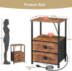 LOAKEKEL Night Stand, Nightstands Set of 2 with Charging Station | Bedside Table with 2 Fabric Drawers for Bedroom, End Tables with Storage Shelf for Small Spaces, Rustic Brown
