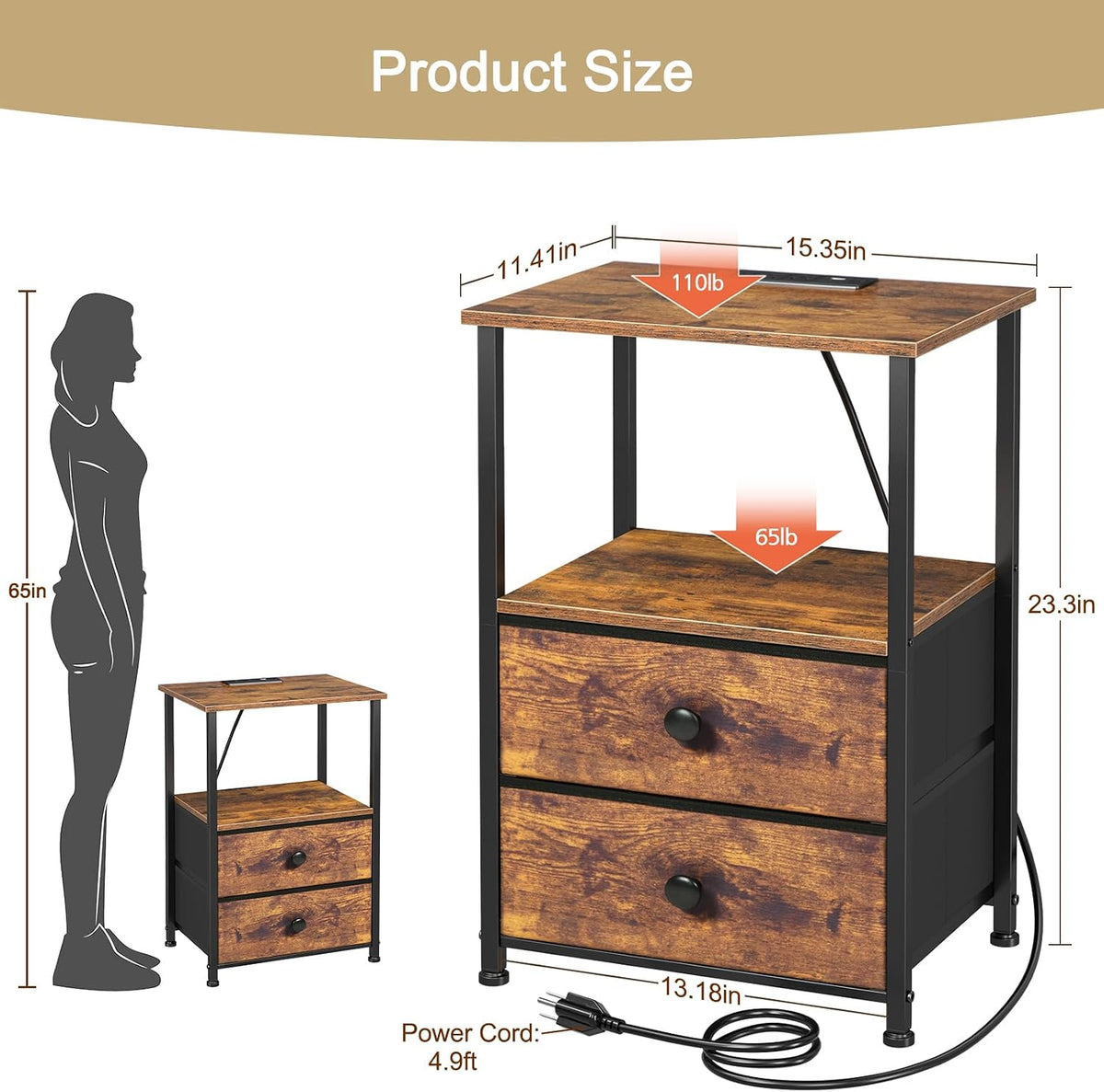 LOAKEKEL Night Stand, Nightstands Set of 2 with Charging Station | Bedside Table with 2 Fabric Drawers for Bedroom, End Tables with Storage Shelf for Small Spaces, Rustic Brown