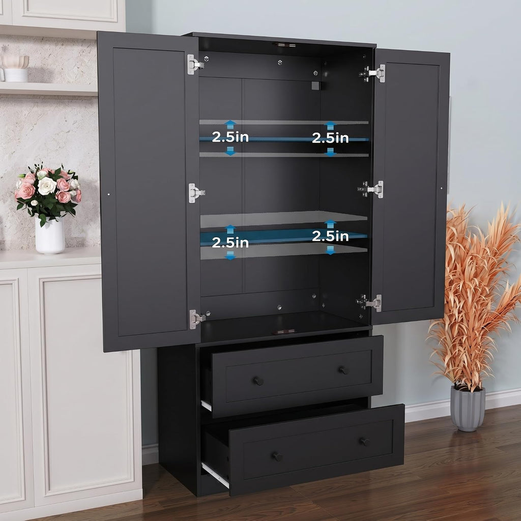 DIYART 64.2" Tall Black Kitchen Pantry, Storage Cabinet with Doors and Drawers, Freestanding Wooden Organizer for Kitchen, Dining Room