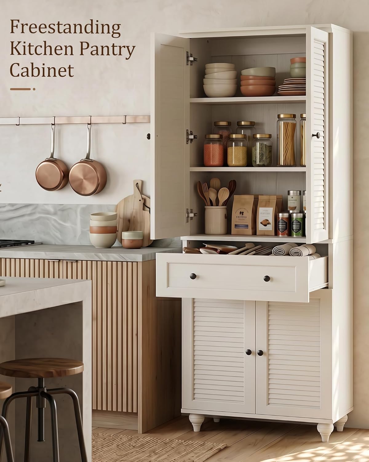80" Kitchen Pantry Cabinet Set of 2, Farmhouse Storage Cabinets with Glass & Louvered Doors, Adjustable Shelves for Dining Room, Living Room, Home Office, Rustic White