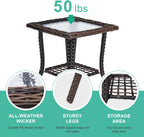 VINGLI Outdoor Side Table with Storage Wicker Patio Side Table, Tempered Glass Top End Table for Balcony Porch Deck (Brown)