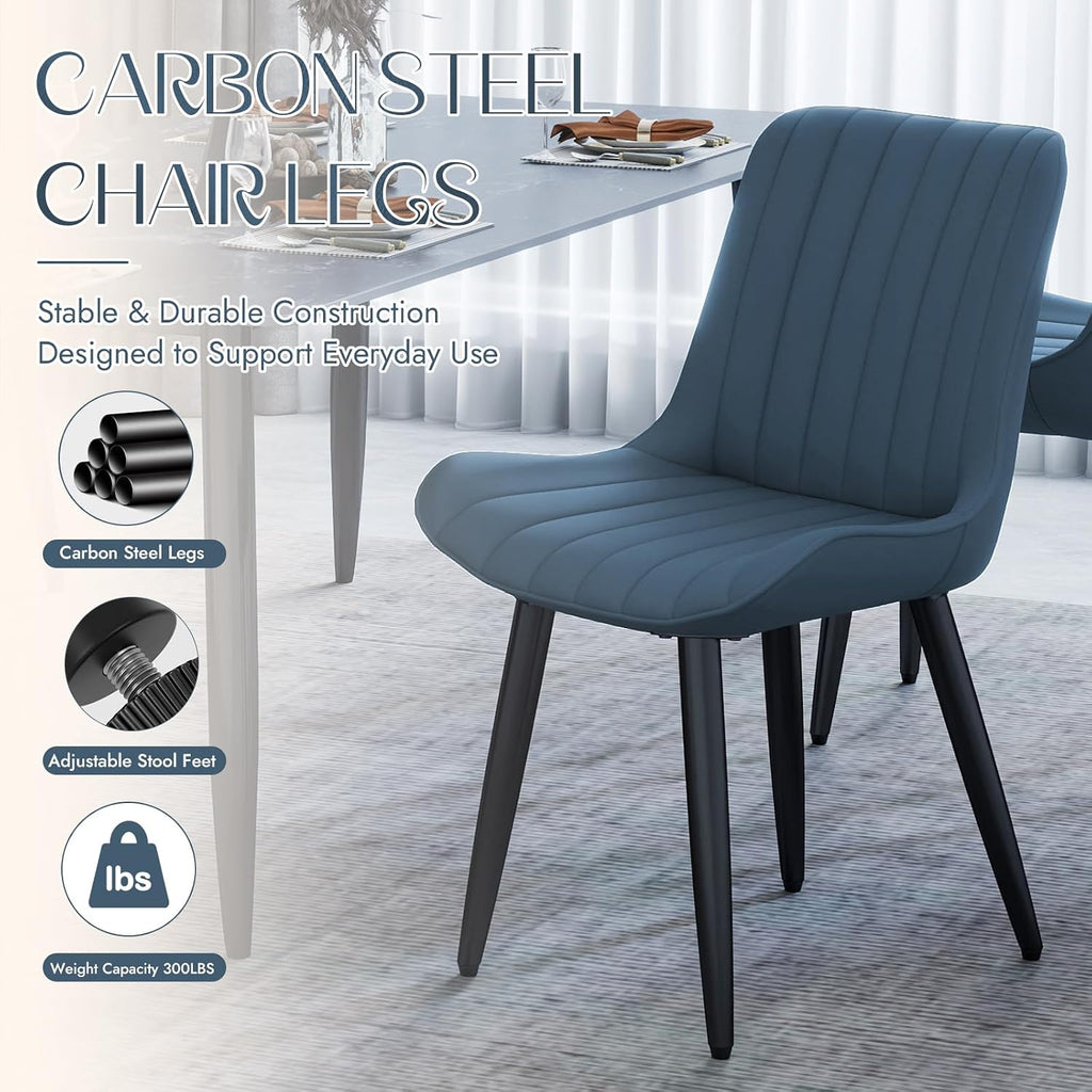 Mid-Century Modern Dining Chairs Set of 2, PU Leather Kitchen Chairs with Soft Cushion and Metal Legs, Upholstered Armless Accent Chair Side Chair for Dining Room/Guest/Reception Room/Cafe (Blue)