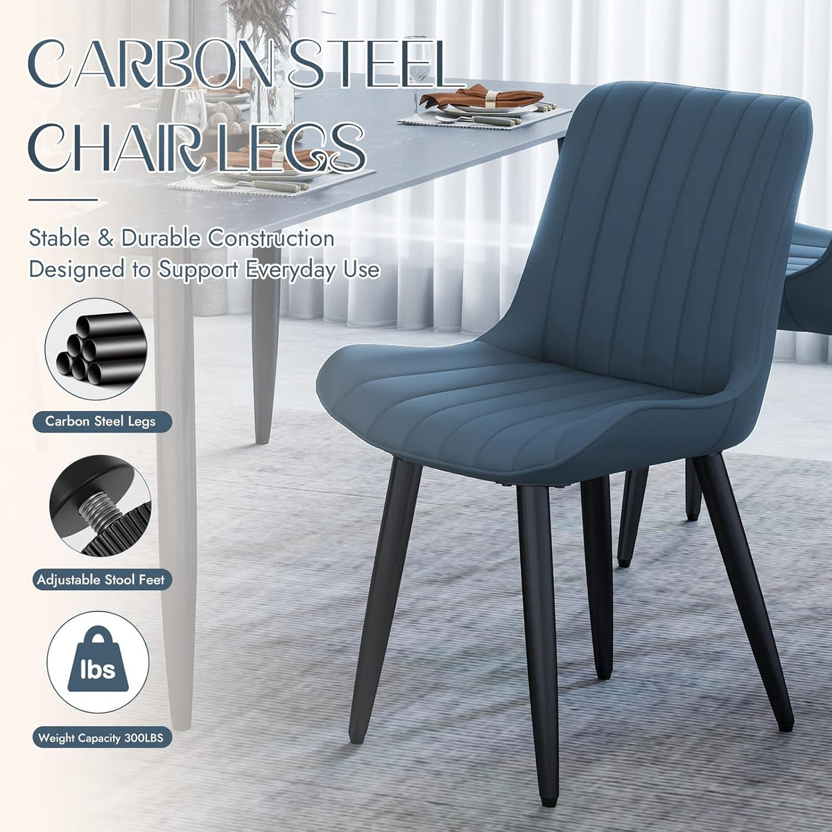 Mid-Century Modern Dining Chairs Set of 2, PU Leather Kitchen Chairs with Soft Cushion and Metal Legs, Upholstered Armless Accent Chair Side Chair for Dining Room/Guest/Reception Room/Cafe (Blue)