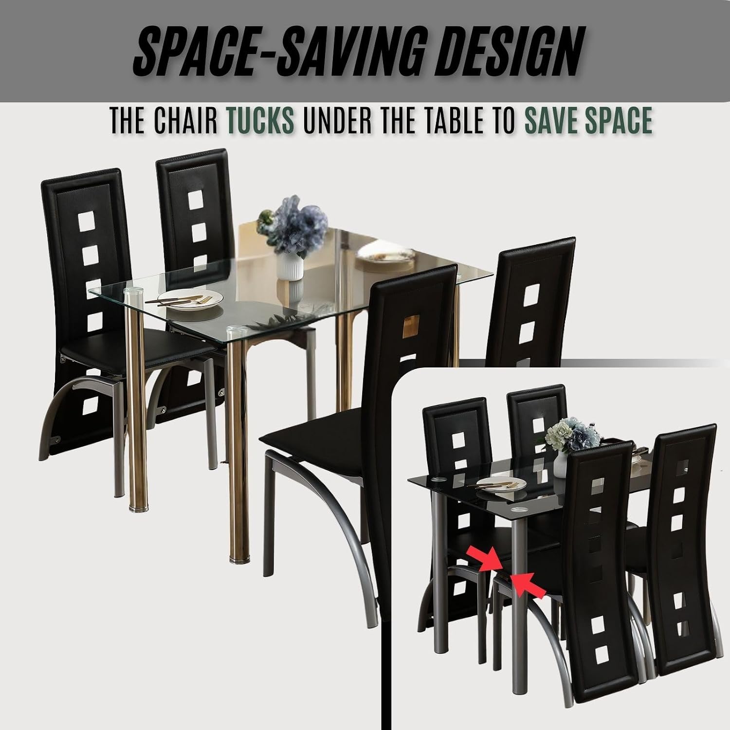 Karl home Glass Dining Table Set for 4, PVC Chairs,Silver Leg,Easy Assembly | Glass tabletop, 4 PVC chairs, space-saving, high back for long seating, for kitchen/breakfast/dining/living room