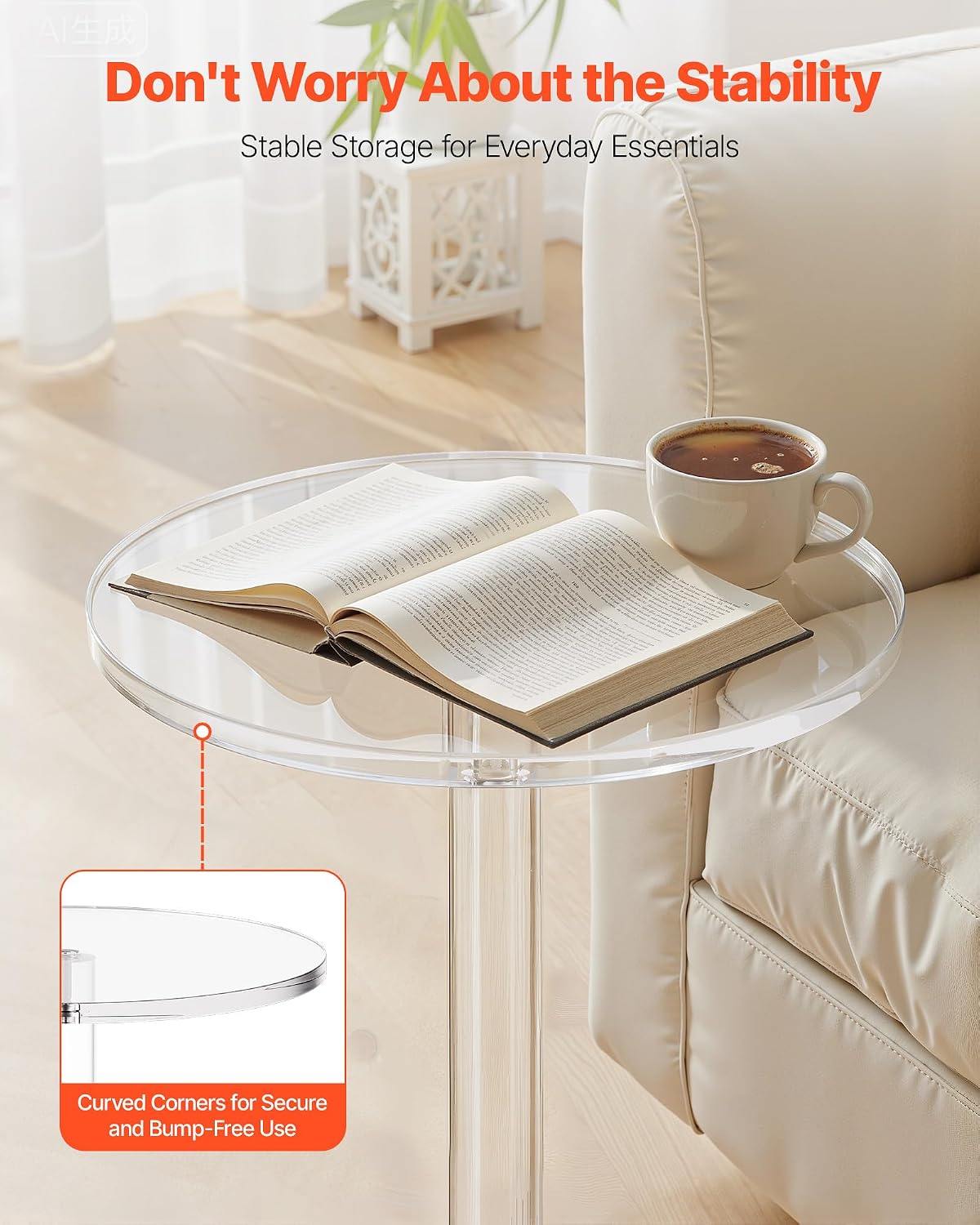 VEVOR Acrylic Drink Table, Small Round Side Table with Solid Post, Modern Clear End Table Transparent Cake Desk for Coffee, Cocktail, Dessert, Snack, Living Room, Bedroom, Bathroom, Easy Assembly