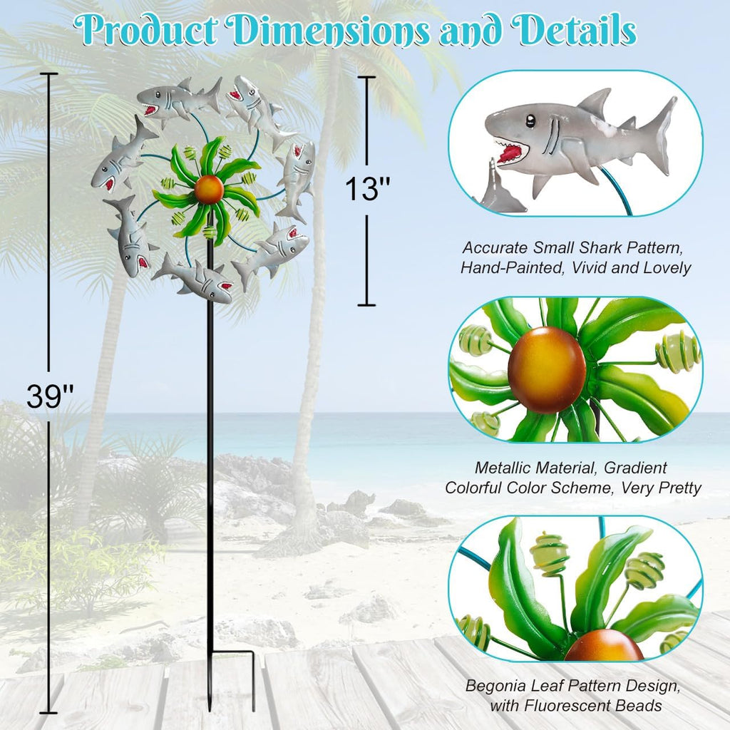 Shark Outdoor Wind Spinners - 39" Ocean-Themed Metal Wind Sculptures Garden Stake Art, 13.5” Windmill Yard Kinetic, Outdoor Decor for Patio & Lawn - Metal Beach Sculpture with Shark Design