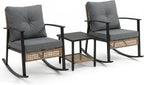 TARKARI 3-Piece Patio Rocking Chairs Set of 2, Outdoor Rocking Chair Bistro Set with Upgraded 2.0 Rust-Proof Alloy Frame & Premium Olefin Cushions, Wicker Rocking Chairs Patio Furniture Set, Grey
