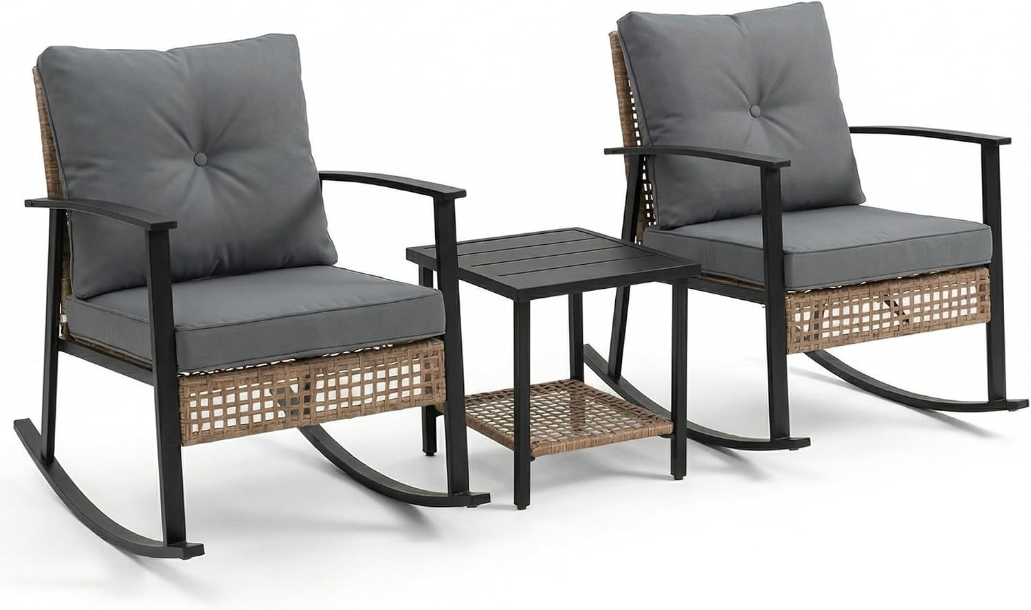 TARKARI 3-Piece Patio Rocking Chairs Set of 2, Outdoor Rocking Chair Bistro Set with Upgraded 2.0 Rust-Proof Alloy Frame & Premium Olefin Cushions, Wicker Rocking Chairs Patio Furniture Set, Grey