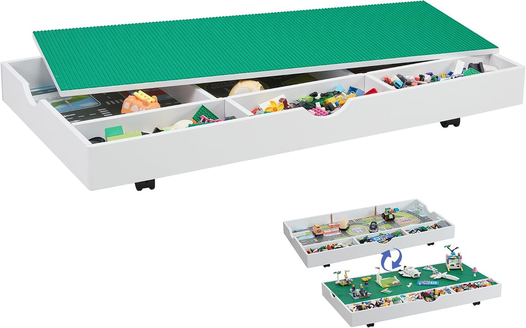 3 in 1 Construction Play Table Compatible with Lego, Game Table with Block Board and Train Car, Rolling Game Table with Locking Wheels and Storage Space, Suitable for Storing Under Bed or Sofa (White)